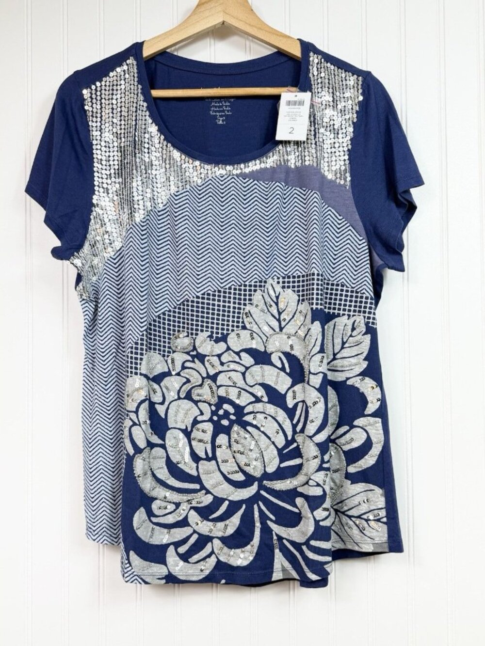 Chico's Beaded Sequin Top Blue Multicolor Sz 2 L/12 Artsy Tee NWT